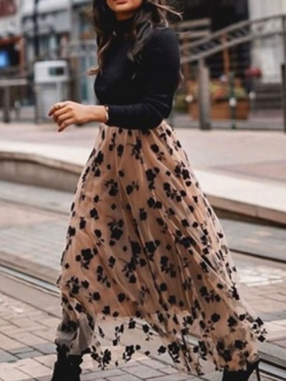 Chicwish Beige Tulle Maxi Skirt with Black Floral Overlay